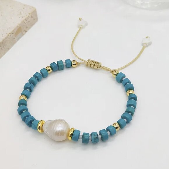 chichigems Jewelry - White Baroque Pearl & Turquoise Gemstone Beaded Adjustable Coquette Bracelet NEW